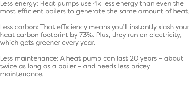 Less energy: Heat pumps use 4x less energy than even the most efficient boilers to generate the same amount of heat. Less carbon: That efficiency means you’ll instantly slash your heat carbon footprint by 73%. Plus, they run on electricity, which gets greener every year. Less maintenance: A heat pump can last 20 years – about twice as long as a boiler – and needs less pricey maintenance. 